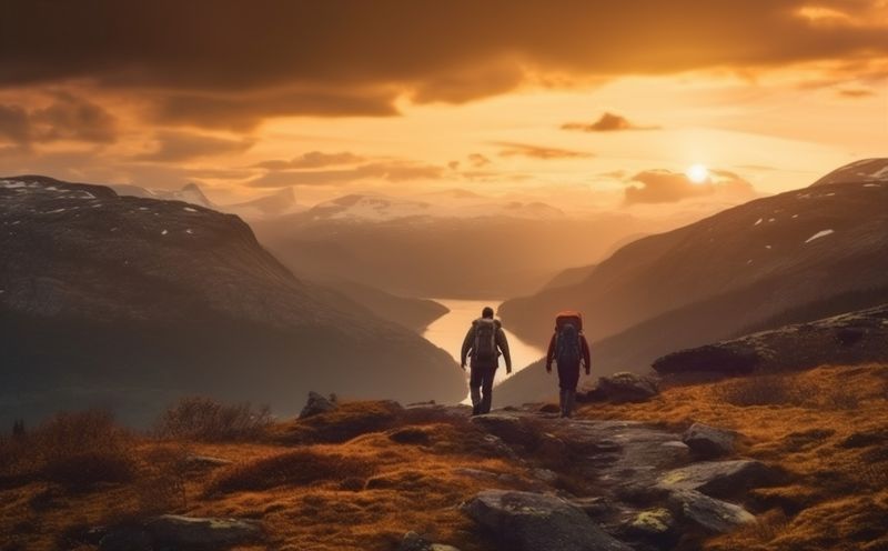 man walking nature group trekking travel team tourist mountain lifestyle hiking. Generative AI.