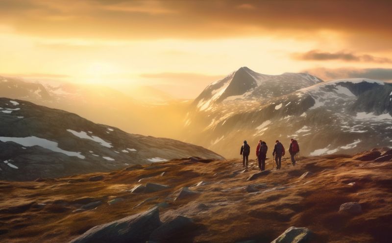 lifestyle man nature friend tourist group hiking walking travel mountain trekking. Generative AI.