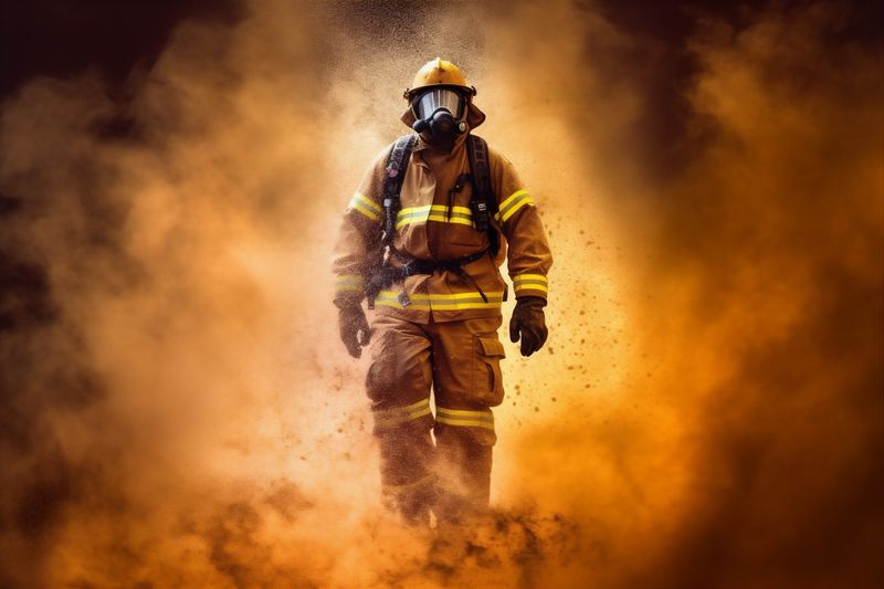 fighter firefighter fireman smoke fire uniform rescue equipment emergency safety. Generative AI.