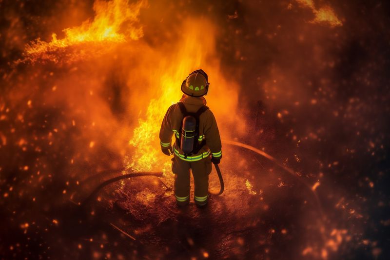 fire rescue safety firefighter uniform fighter fireman equipment smoke emergency. Generative AI.