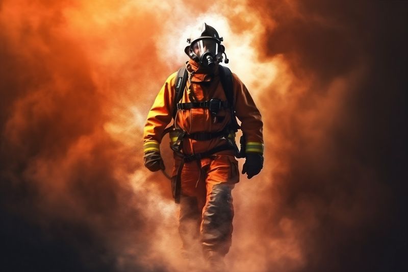 uniform emergency safety fighter fireman fire smoke firefighter rescue equipment. Generative AI.