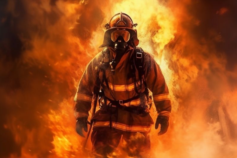 equipment fireman emergency fire rescue uniform safety smoke fighter firefighter. Generative AI.