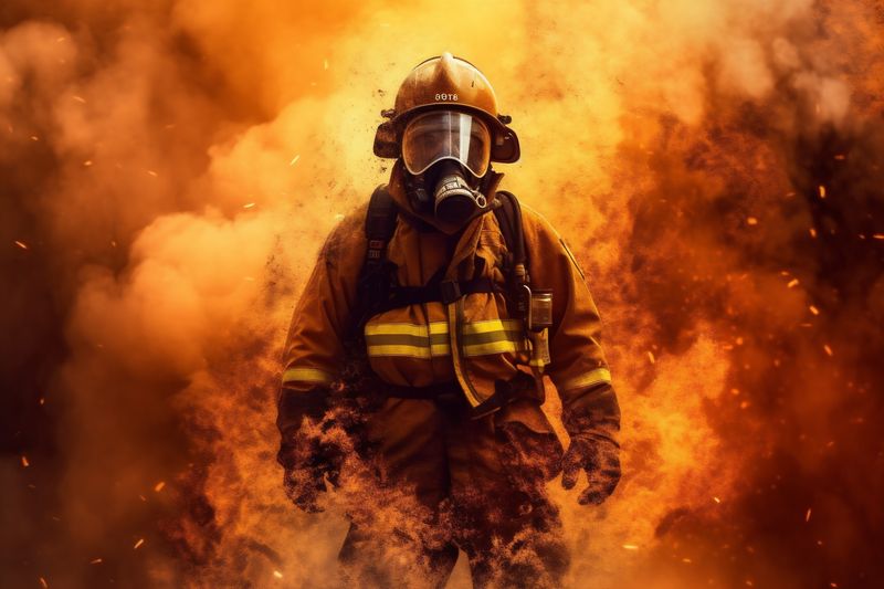 emergency fighter firefighter uniform fire equipment safety rescue fireman smoke. Generative AI.