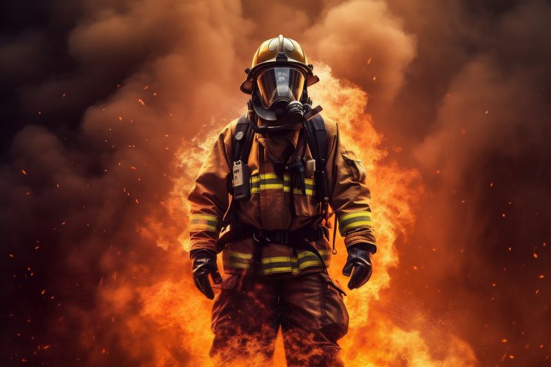 equipment fire safety fighter fireman firefighter smoke uniform rescue emergency. Generative AI.