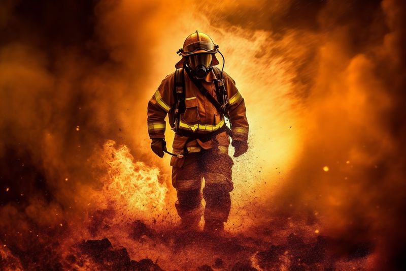 emergency uniform safety fighter rescue smoke fire equipment fireman firefighter. Generative AI.