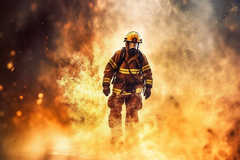 uniform safety firefighter fighter rescue emergency smoke fire fireman equipment. Generative AI.