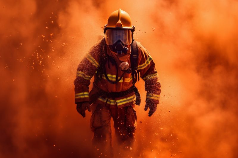 fire equipment firefighter fighter emergency rescue safety uniform fireman smoke. Generative AI.