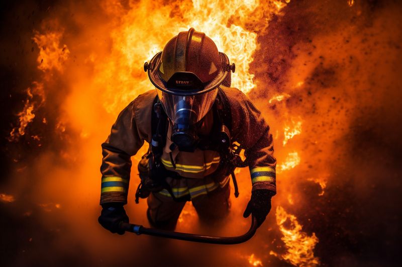 fire smoke fighter equipment fireman rescue uniform emergency safety firefighter. Generative AI.