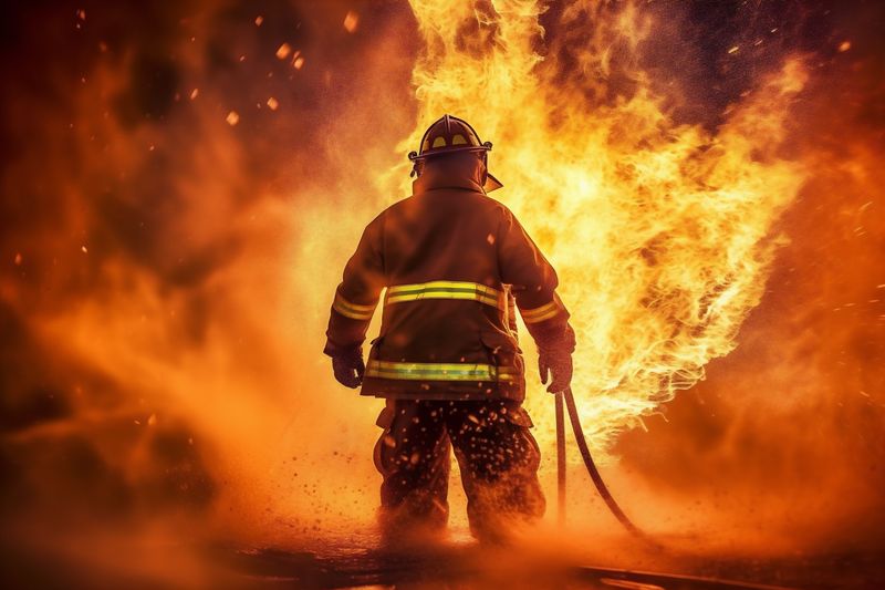 rescue firefighter uniform fire fighter equipment fireman smoke safety emergency. Generative AI.