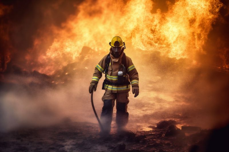 smoke firefighter emergency uniform fireman rescue safety fire equipment fighter. Generative AI.