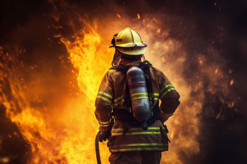 uniform firefighter fire equipment smoke fireman rescue safety fighter emergency. Generative AI.