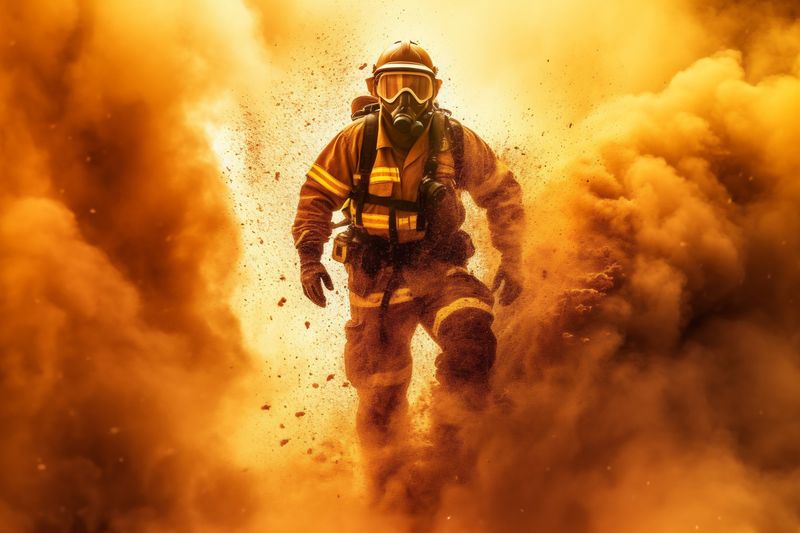 emergency smoke fighter rescue fire safety uniform fireman firefighter equipment. Generative AI.
