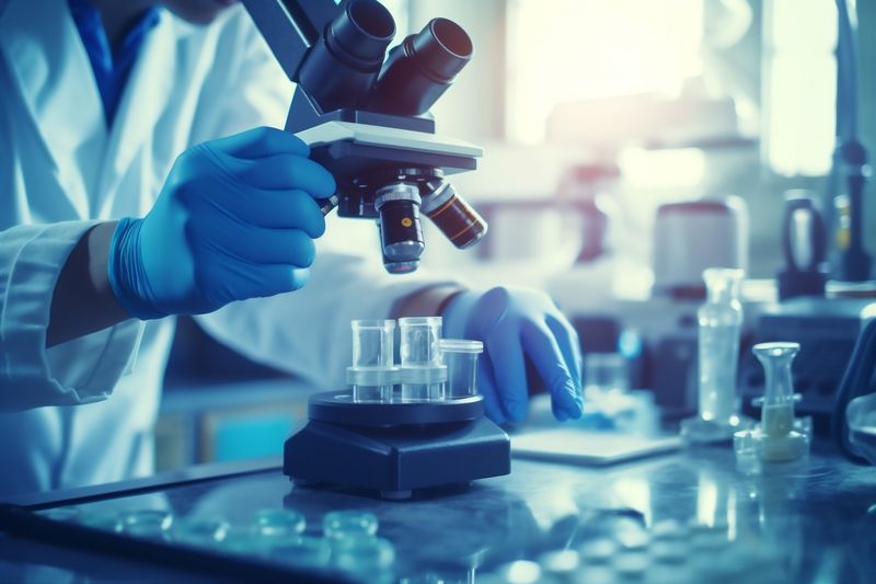 hand medical test tube science biotechnology research laboratory experiment medicine. Generative AI.