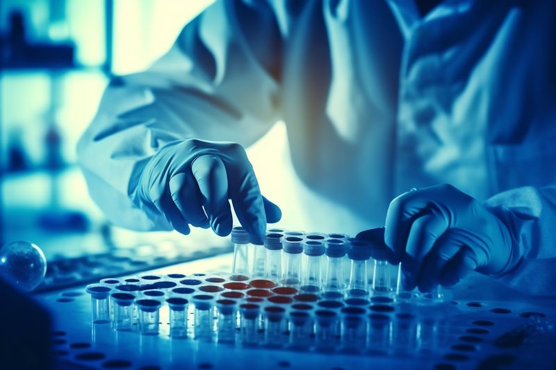 test experiment tube research laboratory biotechnology hand medical medicine science. Generative AI.