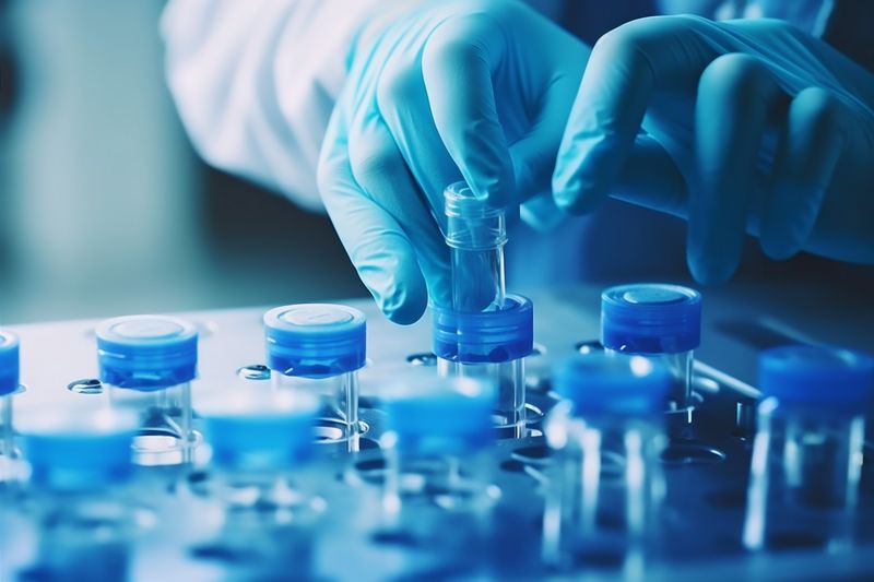 medicine biotechnology experiment science medical research laboratory hand test tube. Generative AI.