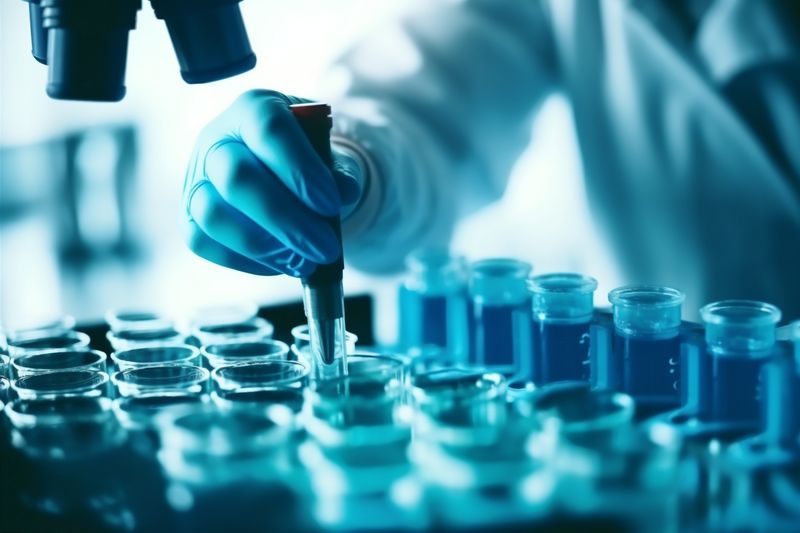 experiment research tube test medicine science biotechnology medical laboratory hand. Generative AI.