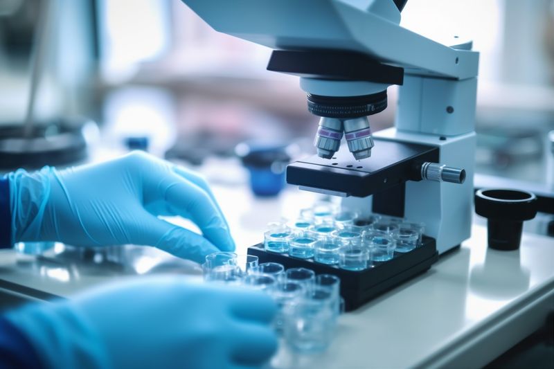 biotechnology laboratory experiment medical research tube science medicine test hand. Generative AI.