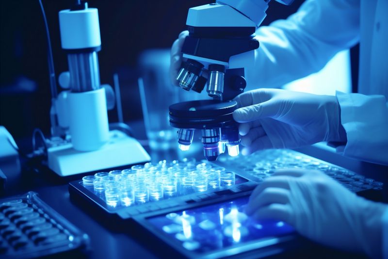 medicine test experiment hand laboratory tube medical science research biotechnology. Generative AI.