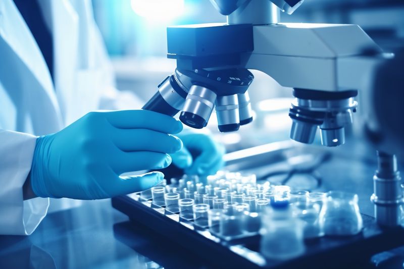 science medicine research medical laboratory test hand tube biotechnology experiment. Generative AI.