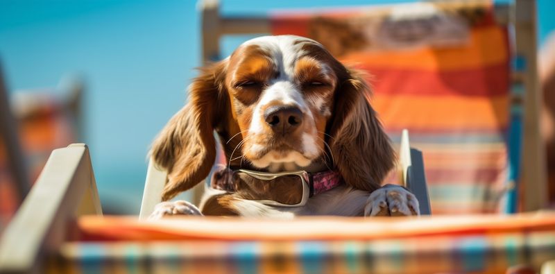 dog lazy pet beach funny relax chair sunglasses vacation summer. Generative AI.