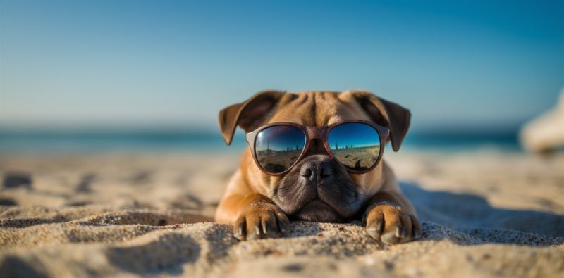 dog relax chair funny pet lazy beach vacation sunglasses summer. Generative AI.