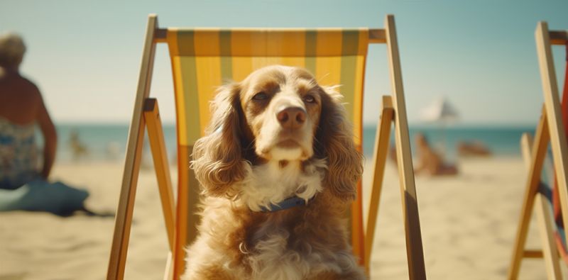 dog chair summer funny pet lazy relax beach vacation sunglasses. Generative AI.