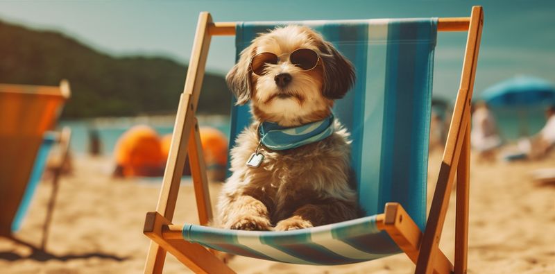 dog relax beach funny lazy pet sunglasses summer vacation chair. Generative AI.