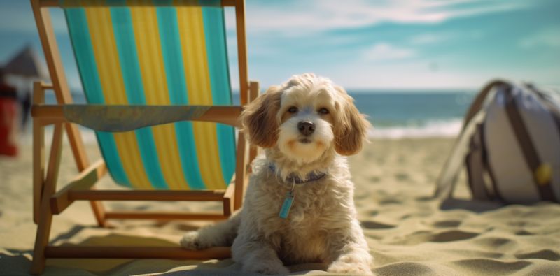 relax dog lazy funny pet sunglasses summer vacation beach chair. Generative AI.