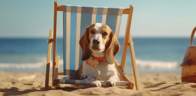 beach dog sunglasses lazy pet funny summer vacation relax chair. Generative AI.