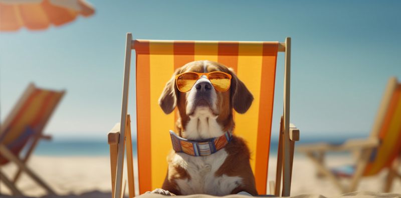 dog lazy beach relax funny sunglasses chair pet vacation summer. Generative AI.
