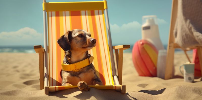 pet dog relax beach lazy funny summer chair sunglasses vacation. Generative AI.