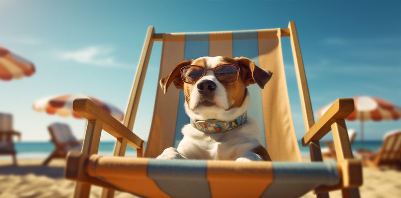chair dog lazy sunglasses pet vacation funny relax beach summer. Generative AI.