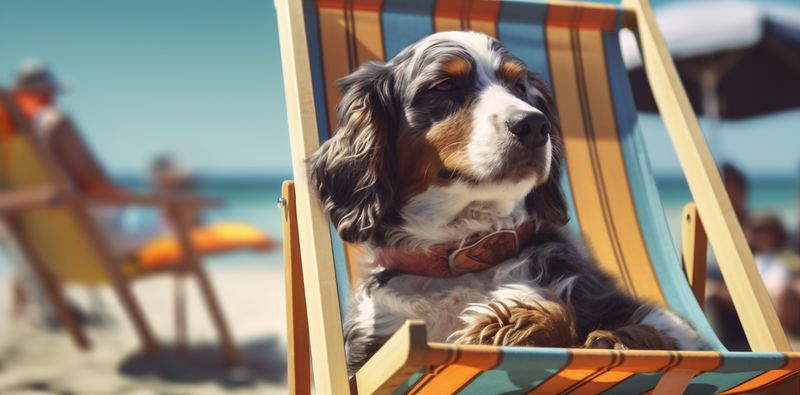 beach dog chair funny sunglasses relax summer vacation lazy pet. Generative AI.