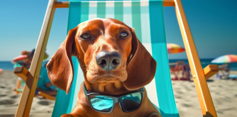dog beach lazy vacation chair relax sunglasses pet summer funny. Generative AI.