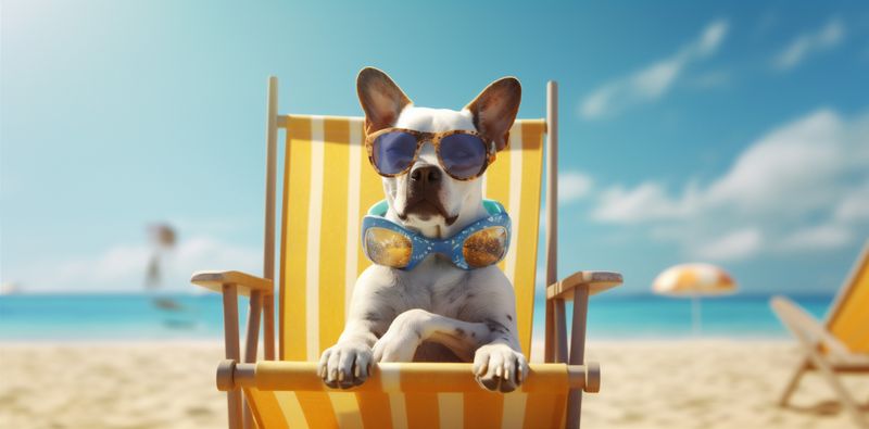 sunglasses dog chair beach pet lazy funny relax summer vacation. Generative AI.