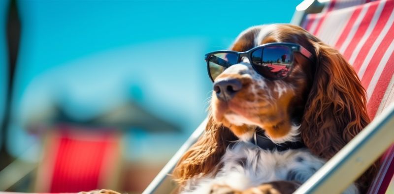 sunglasses dog vacation pet chair beach funny relax summer lazy. Generative AI.
