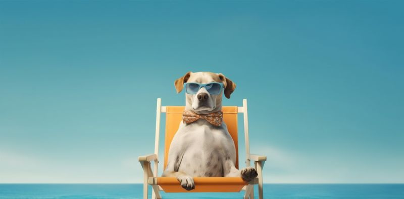 dog vacation lazy summer sunglasses chair beach funny relax pet. Generative AI.