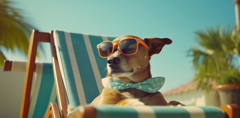 dog funny summer chair sunglasses relax pet lazy beach vacation. Generative AI.