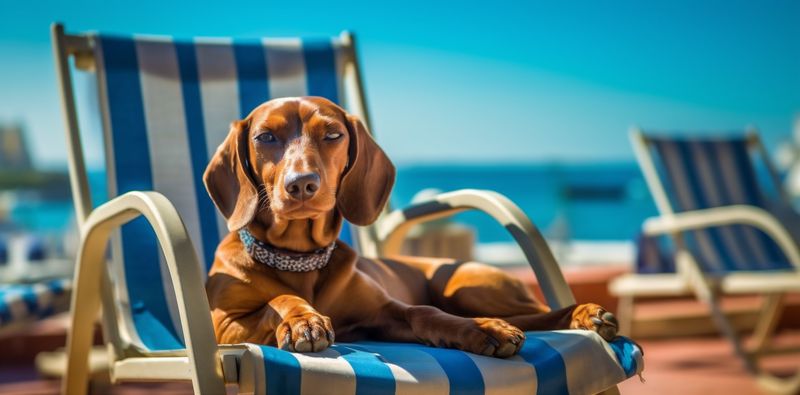 dog summer chair beach funny lazy relax sunglasses vacation pet. Generative AI.