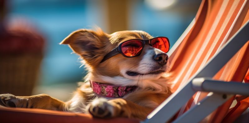 vacation dog summer lazy pet funny sunglasses chair relax beach. Generative AI.