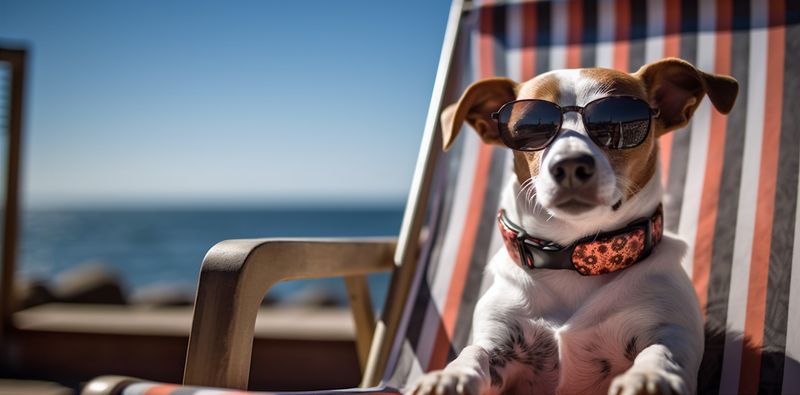 summer dog relax pet chair vacation beach sunglasses lazy funny. Generative AI.