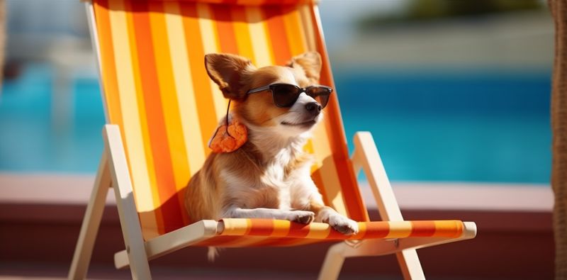 pet dog vacation beach summer relax funny chair sunglasses lazy. Generative AI.