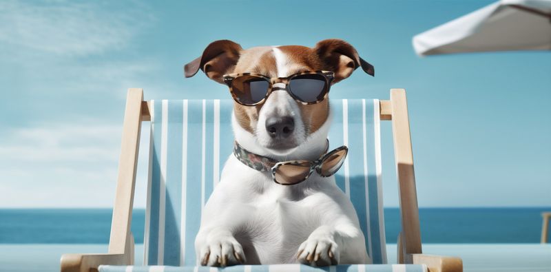lazy dog sunglasses pet relax funny summer chair vacation beach. Generative AI.