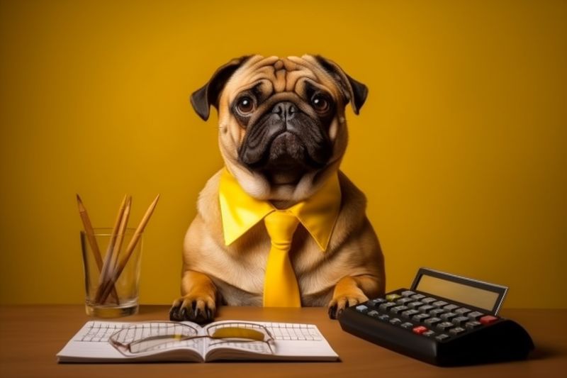 education dog financial finance yellow business pet animal funny humor background. Generative AI.