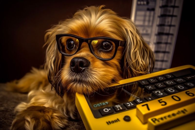 dog funny pet yellow finance animal humor calculating machine financial background business. Generative AI.