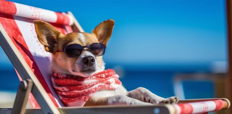 dog relax vacation lazy funny chair summer beach sunglasses pet. Generative AI.