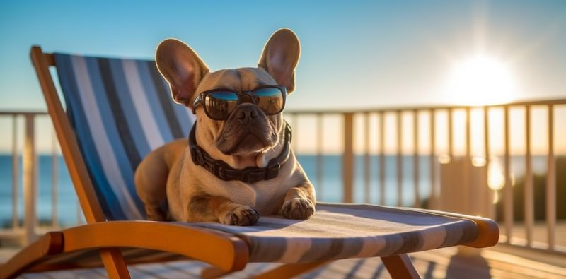 lazy dog sunglasses beach vacation pet relax chair funny summer. Generative AI.