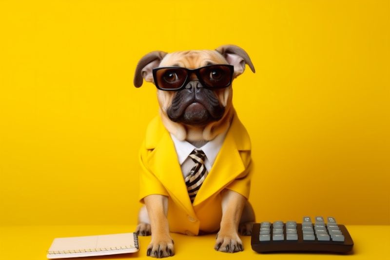 yellow dog finance worker pet background animal financial business humor funny. Generative AI.