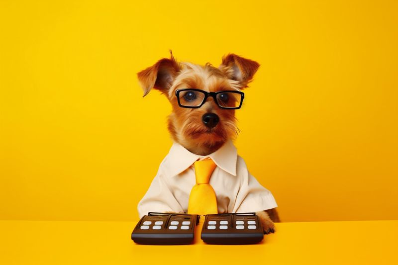 animal dog yellow business accountant financial finance funny humor pet background. Generative AI.