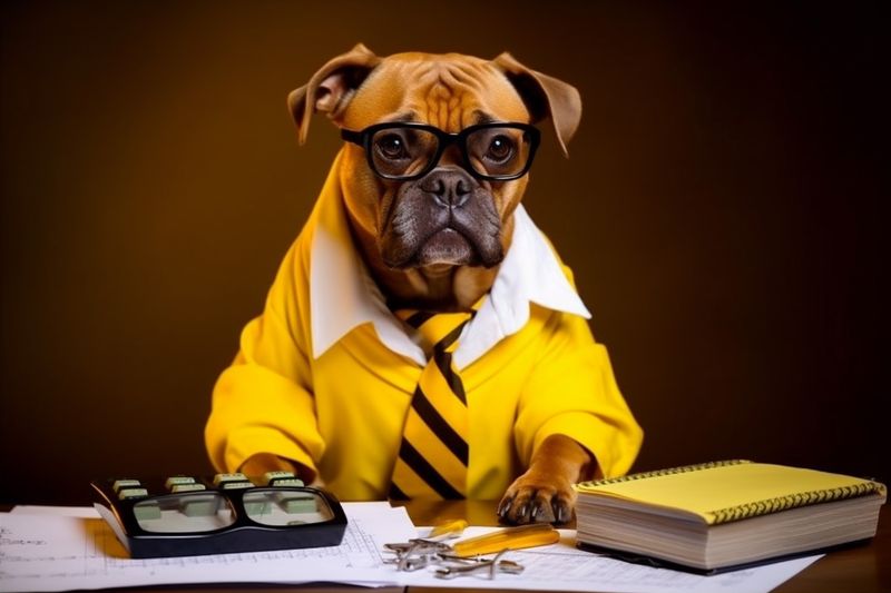 dog animal humor pet background banker financial funny business yellow finance. Generative AI.